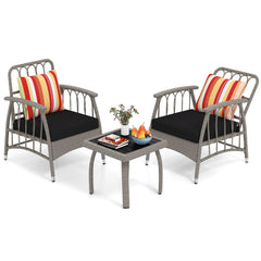 3 Piece Patio Wicker Set, 2 Grey Armchairs with 5 Level Adjustable Backrests Rated 355 lb, Black Cushions and a 19 in Slatted Table