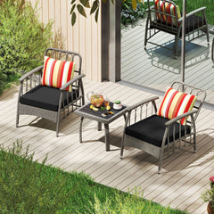 3 Piece Patio Wicker Set, 2 Grey Armchairs with 5 Level Adjustable Backrests Rated 355 lb, Black Cushions and a 19 in Slatted Table