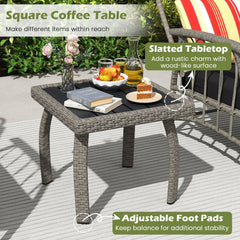 3 Piece Patio Wicker Set, 2 Grey Armchairs with 5 Level Adjustable Backrests Rated 355 lb, Black Cushions and a 19 in Slatted Table