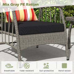 3 Piece Patio Wicker Set, 2 Grey Armchairs with 5 Level Adjustable Backrests Rated 355 lb, Black Cushions and a 19 in Slatted Table