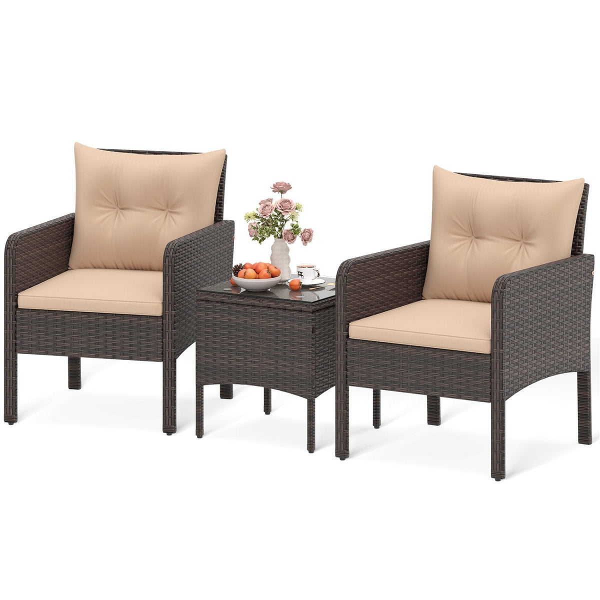 3 Piece Patio Rattan Bistro Set, 2 Brown Wicker Armchairs Rated 400 lb with Beige Cushions and a 16 in Glass Top Side Table