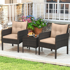 3 Piece Patio Rattan Bistro Set, 2 Brown Wicker Armchairs Rated 400 lb with Beige Cushions and a 16 in Glass Top Side Table