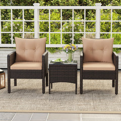 3 Piece Patio Rattan Bistro Set, 2 Brown Wicker Armchairs Rated 400 lb with Beige Cushions and a 16 in Glass Top Side Table