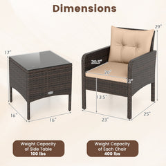 3 Piece Patio Rattan Bistro Set, 2 Brown Wicker Armchairs Rated 400 lb with Beige Cushions and a 16 in Glass Top Side Table
