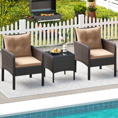 3 Piece Patio Rattan Bistro Set, 2 Brown Wicker Armchairs Rated 400 lb with Beige Cushions and a 16 in Glass Top Side Table