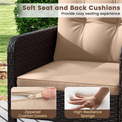3 Piece Patio Rattan Bistro Set, 2 Brown Wicker Armchairs Rated 400 lb with Beige Cushions and a 16 in Glass Top Side Table