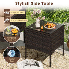 3 Piece Patio Rattan Bistro Set, 2 Brown Wicker Armchairs Rated 400 lb with Beige Cushions and a 16 in Glass Top Side Table