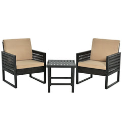 3 Piece Patio Bistro Set, 2 Black Metal and Rattan Armchairs with Beige Cushions and a 20 in Slatted Metal Side Table