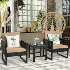 3 Piece Patio Bistro Set, 2 Black Metal and Rattan Armchairs with Beige Cushions and a 20 in Slatted Metal Side Table