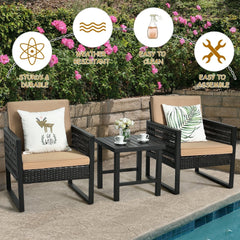 3 Piece Patio Bistro Set, 2 Black Metal and Rattan Armchairs with Beige Cushions and a 20 in Slatted Metal Side Table