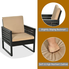3 Piece Patio Bistro Set, 2 Black Metal and Rattan Armchairs with Beige Cushions and a 20 in Slatted Metal Side Table