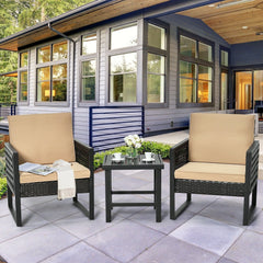 3 Piece Patio Bistro Set, 2 Black Metal and Rattan Armchairs with Beige Cushions and a 20 in Slatted Metal Side Table