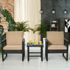 3 Piece Patio Bistro Set, 2 Black Metal and Rattan Armchairs with Beige Cushions and a 20 in Slatted Metal Side Table