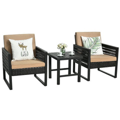 3 Piece Patio Bistro Set, 2 Black Metal and Rattan Armchairs with Beige Cushions and a 20 in Slatted Metal Side Table