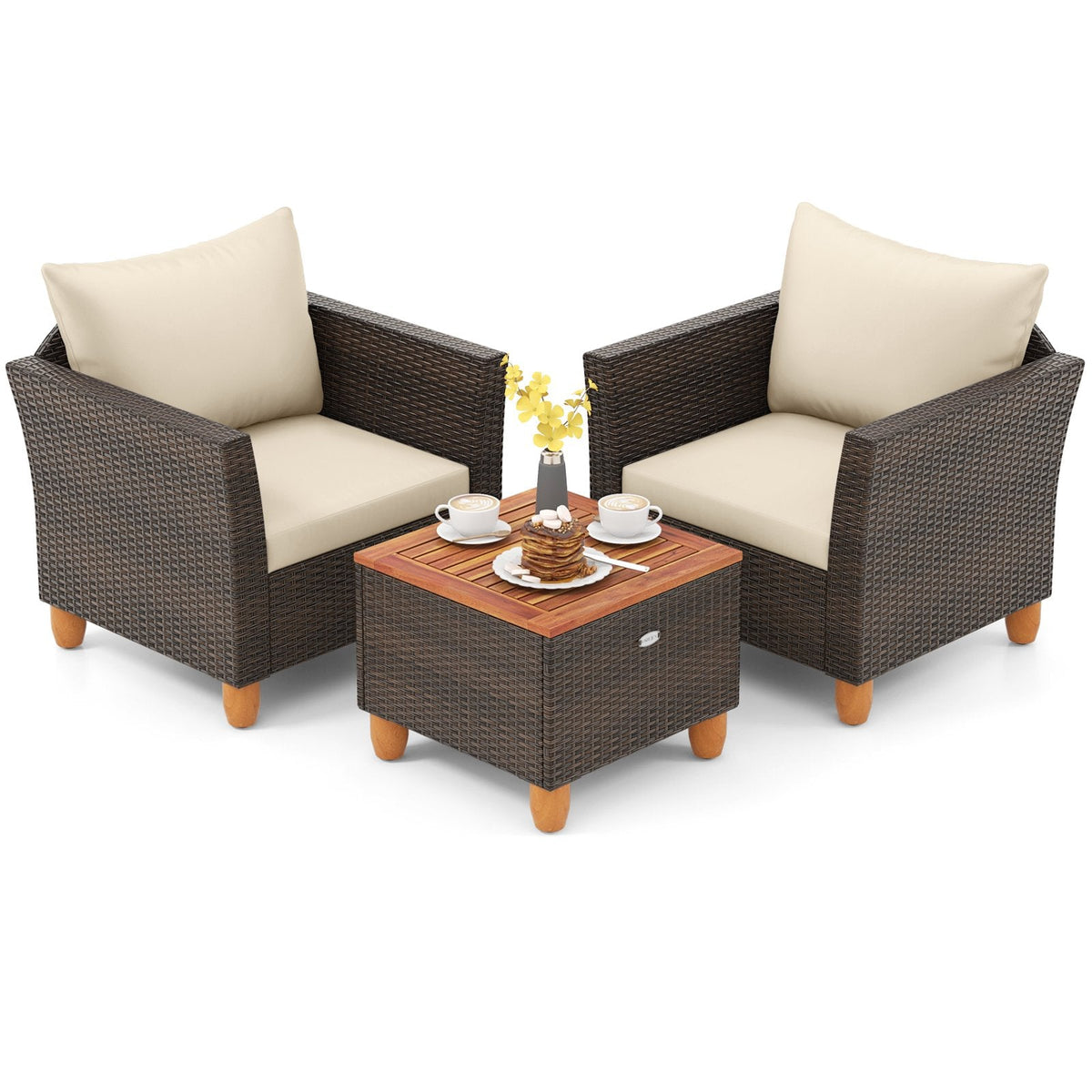 3 Piece Patio Rattan Set, 2 Single Sofas with Beige Cushions and a 20 in Acacia Flip Top Storage Side Table