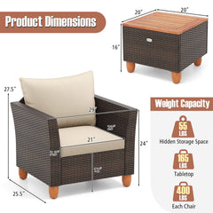 3 Piece Patio Rattan Set, 2 Single Sofas with Beige Cushions and a 20 in Acacia Flip Top Storage Side Table