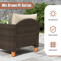 3 Piece Patio Rattan Set, 2 Single Sofas with Beige Cushions and a 20 in Acacia Flip Top Storage Side Table