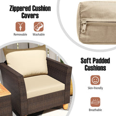 3 Piece Patio Rattan Set, 2 Single Sofas with Beige Cushions and a 20 in Acacia Flip Top Storage Side Table