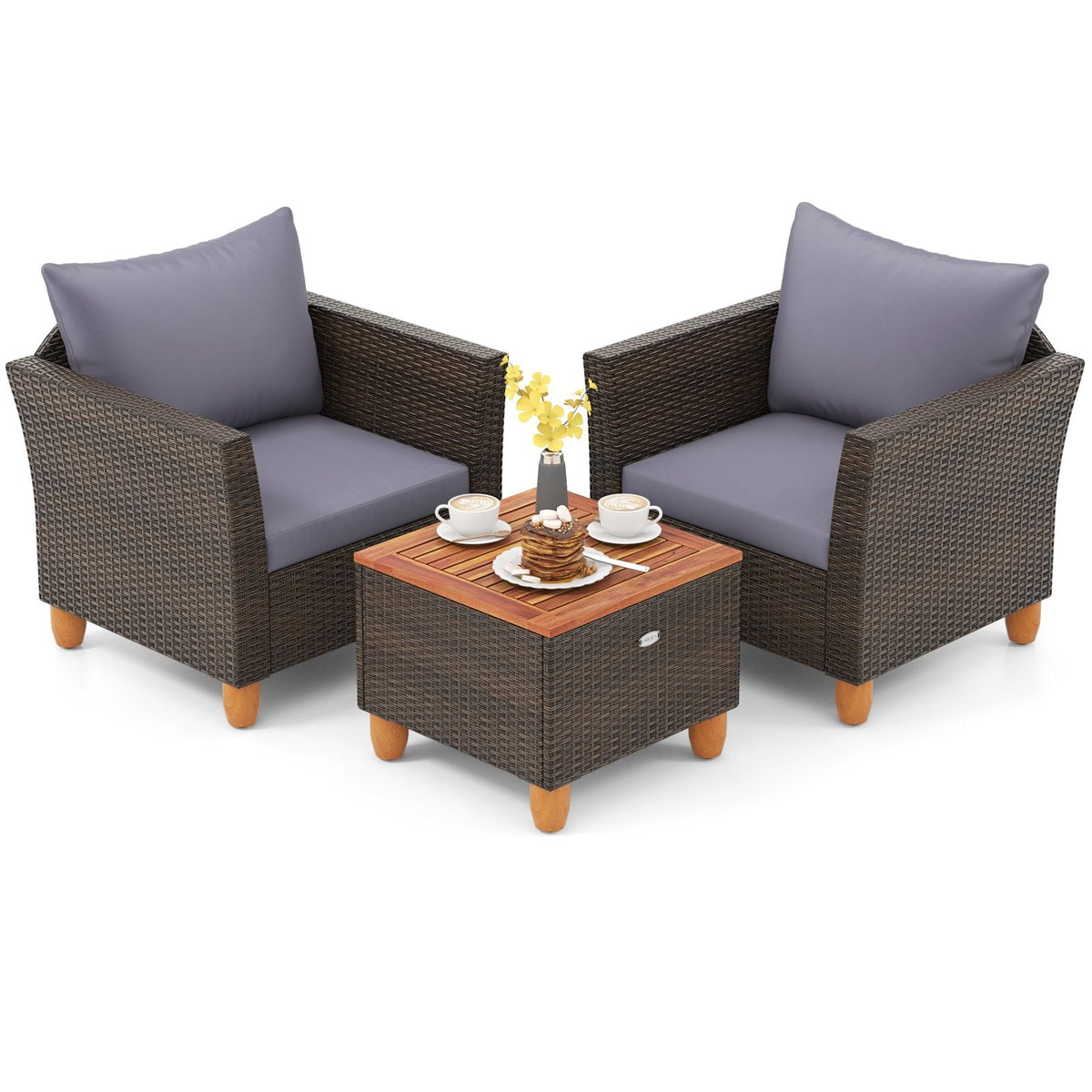 3 Piece Patio Rattan Set, 2 Single Sofas with Grey Cushions and a 20 in Acacia Flip Top Storage Side Table
