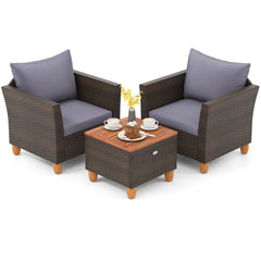 3 Piece Patio Rattan Set, 2 Single Sofas with Grey Cushions and a 20 in Acacia Flip Top Storage Side Table