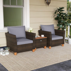 3 Piece Patio Rattan Set, 2 Single Sofas with Grey Cushions and a 20 in Acacia Flip Top Storage Side Table