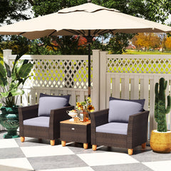 3 Piece Patio Rattan Set, 2 Single Sofas with Grey Cushions and a 20 in Acacia Flip Top Storage Side Table