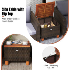 3 Piece Patio Rattan Set, 2 Single Sofas with Grey Cushions and a 20 in Acacia Flip Top Storage Side Table