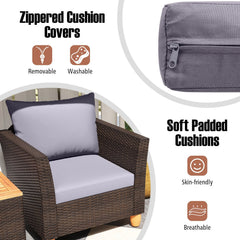 3 Piece Patio Rattan Set, 2 Single Sofas with Grey Cushions and a 20 in Acacia Flip Top Storage Side Table