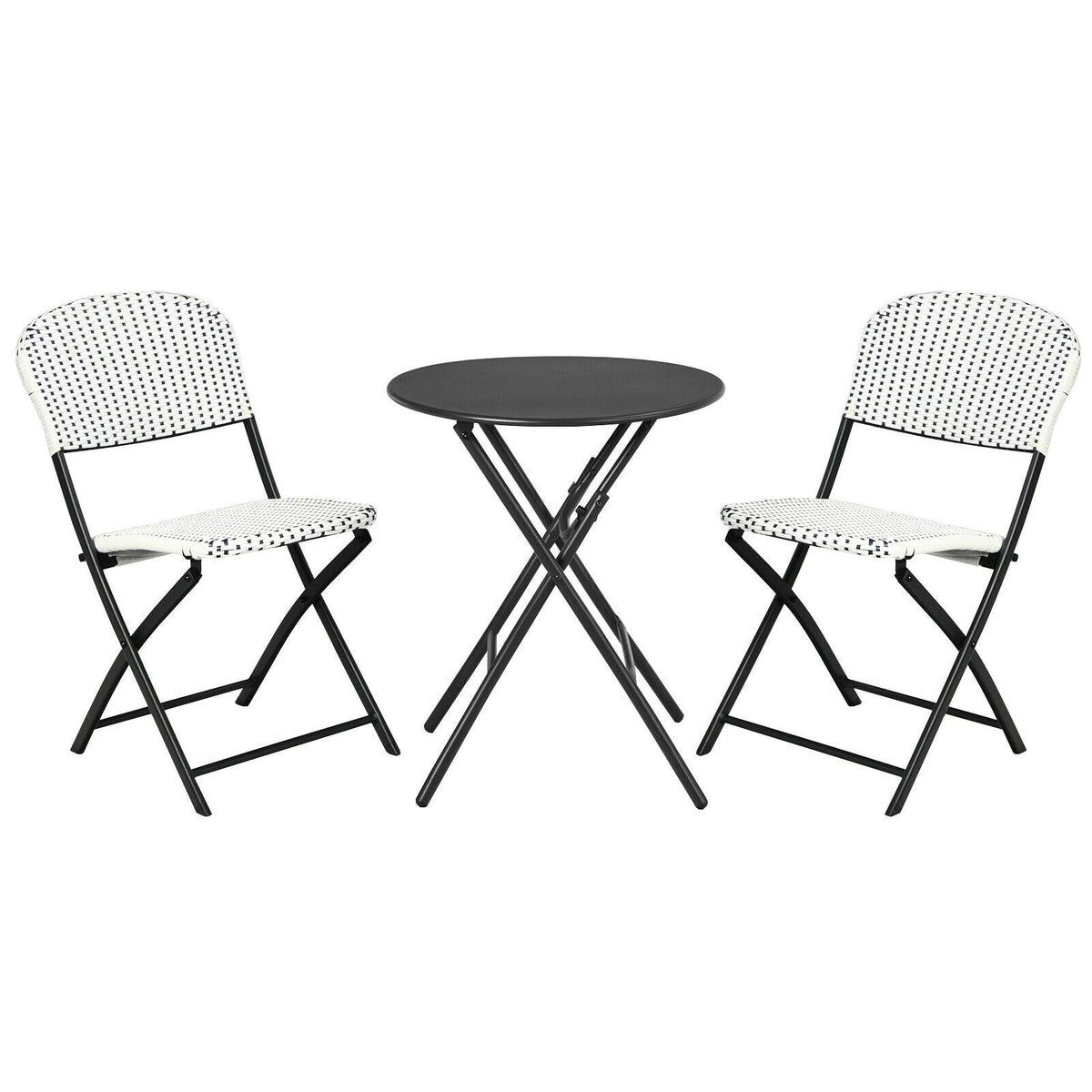 3 Piece Folding Patio Bistro Set, 2 White and Blue Woven Chairs Rated 330 lb and a 23.5 in Round Black Table, No Assembly