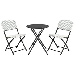 3 Piece Folding Patio Bistro Set, 2 White and Blue Woven Chairs Rated 330 lb and a 23.5 in Round Black Table, No Assembly