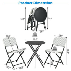 3 Piece Folding Patio Bistro Set, 2 White and Blue Woven Chairs Rated 330 lb and a 23.5 in Round Black Table, No Assembly