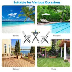 3 Piece Folding Patio Bistro Set, 2 White and Blue Woven Chairs Rated 330 lb and a 23.5 in Round Black Table, No Assembly