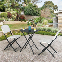 3 Piece Folding Patio Bistro Set, 2 White and Blue Woven Chairs Rated 330 lb and a 23.5 in Round Black Table, No Assembly