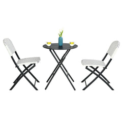 3 Piece Folding Patio Bistro Set, 2 White and Blue Woven Chairs Rated 330 lb and a 23.5 in Round Black Table, No Assembly