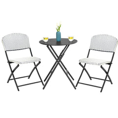 3 Piece Folding Patio Bistro Set, 2 White and Blue Woven Chairs Rated 330 lb and a 23.5 in Round Black Table, No Assembly