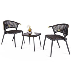 3 Piece Patio Bistro Set, 2 Rope Back Armchairs Rated 400 lb with Quick Dry Foam Woven Seats and an 18 in Glass Top Table