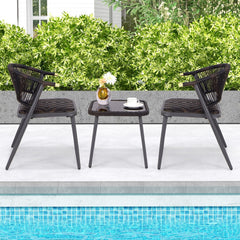 3 Piece Patio Bistro Set, 2 Rope Back Armchairs Rated 400 lb with Quick Dry Foam Woven Seats and an 18 in Glass Top Table