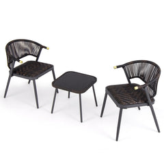 3 Piece Patio Bistro Set, 2 Rope Back Armchairs Rated 400 lb with Quick Dry Foam Woven Seats and an 18 in Glass Top Table