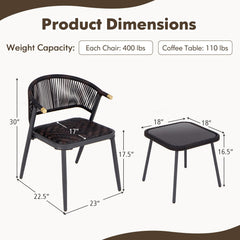 3 Piece Patio Bistro Set, 2 Rope Back Armchairs Rated 400 lb with Quick Dry Foam Woven Seats and an 18 in Glass Top Table