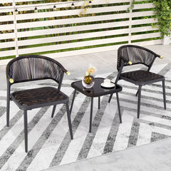 3 Piece Patio Bistro Set, 2 Rope Back Armchairs Rated 400 lb with Quick Dry Foam Woven Seats and an 18 in Glass Top Table