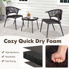 3 Piece Patio Bistro Set, 2 Rope Back Armchairs Rated 400 lb with Quick Dry Foam Woven Seats and an 18 in Glass Top Table