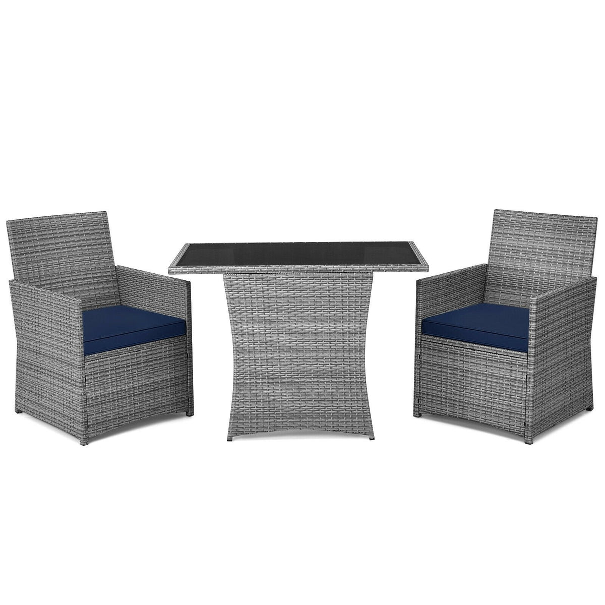 3 Piece Patio Wicker Dining Set, 2 Grey Armchairs Rated 350 lb with Navy Cushions that Tuck Under a 41 in Glass Top Table
