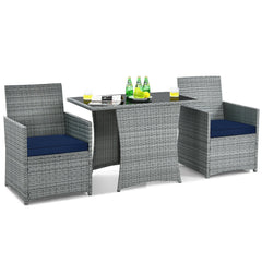 3 Piece Patio Wicker Dining Set, 2 Grey Armchairs Rated 350 lb with Navy Cushions that Tuck Under a 41 in Glass Top Table