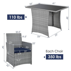 3 Piece Patio Wicker Dining Set, 2 Grey Armchairs Rated 350 lb with Navy Cushions that Tuck Under a 41 in Glass Top Table
