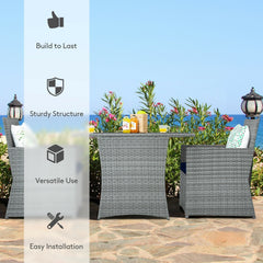 3 Piece Patio Wicker Dining Set, 2 Grey Armchairs Rated 350 lb with Navy Cushions that Tuck Under a 41 in Glass Top Table