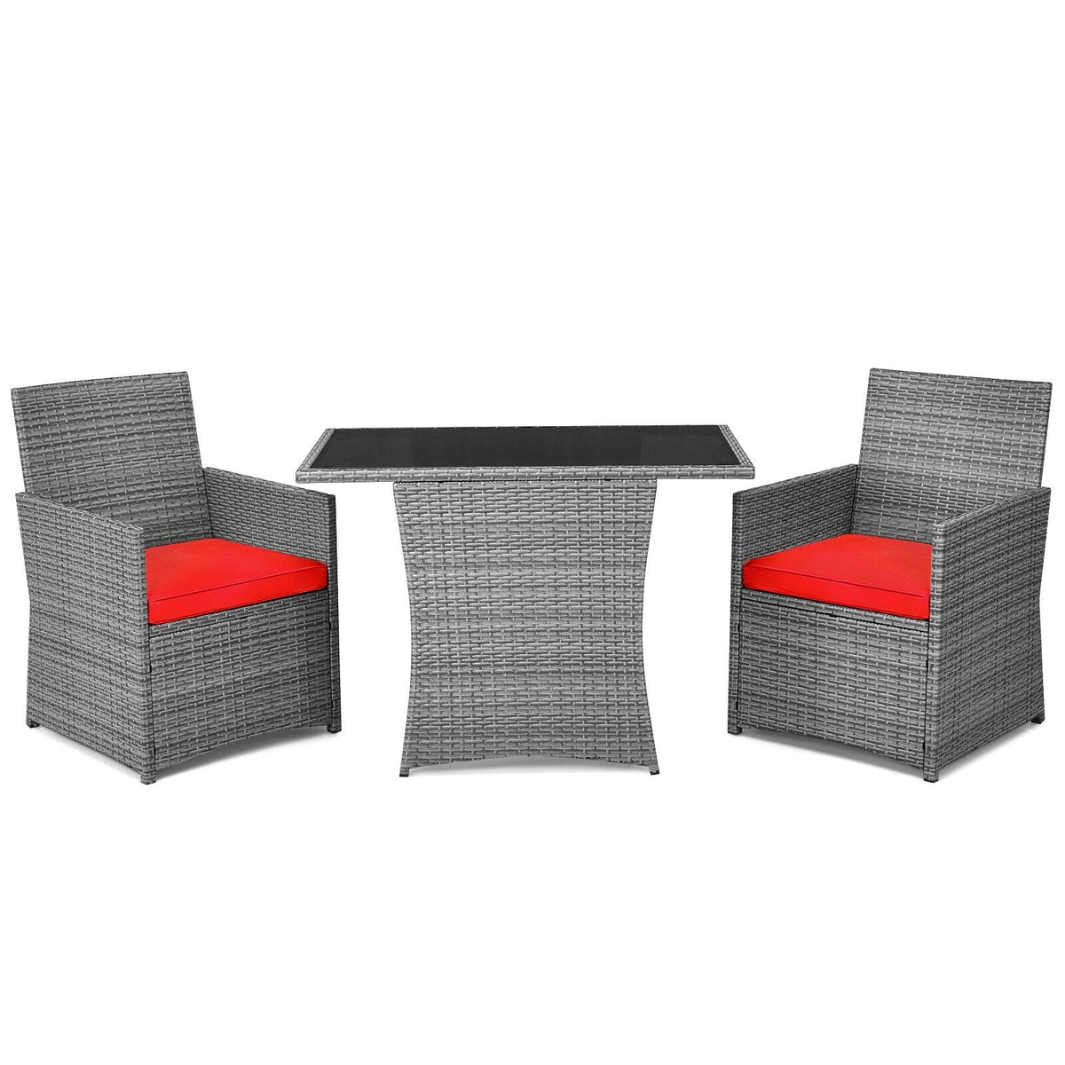 3 Piece Patio Wicker Dining Set, 2 Grey Armchairs Rated 350 lb with Red Cushions that Tuck Under a 41 in Glass Top Table
