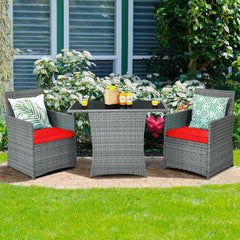 3 Piece Patio Wicker Dining Set, 2 Grey Armchairs Rated 350 lb with Red Cushions that Tuck Under a 41 in Glass Top Table