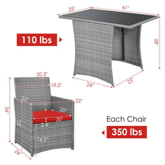 3 Piece Patio Wicker Dining Set, 2 Grey Armchairs Rated 350 lb with Red Cushions that Tuck Under a 41 in Glass Top Table