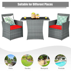 3 Piece Patio Wicker Dining Set, 2 Grey Armchairs Rated 350 lb with Red Cushions that Tuck Under a 41 in Glass Top Table