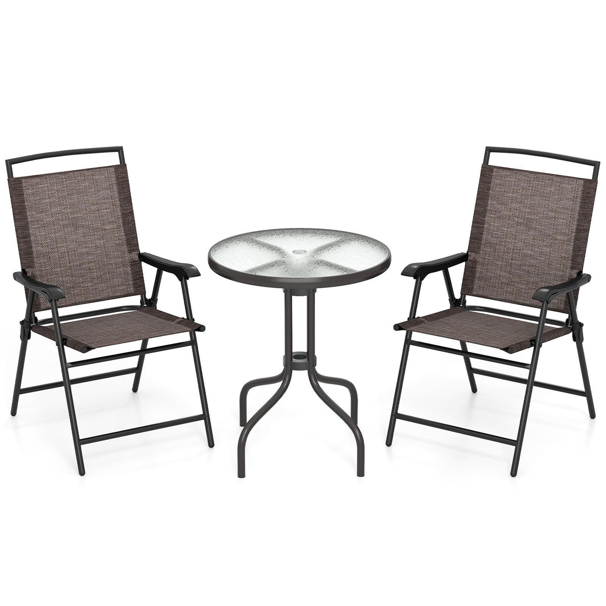 3 Piece Folding Patio Bistro Set, 2 Brown Sling Chairs Rated 330 lb and a 24 in Round Rippled Glass Table